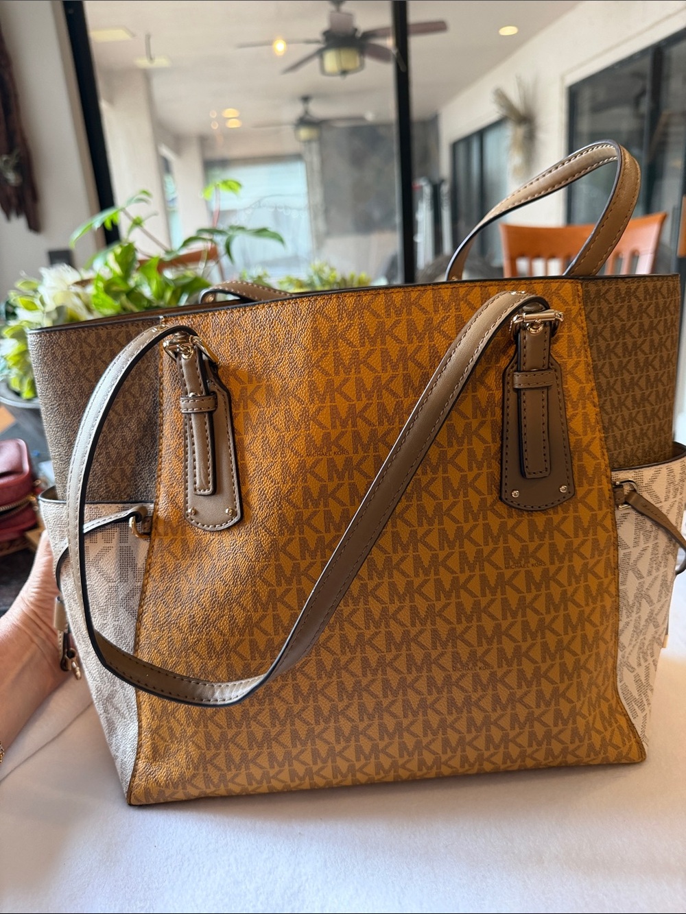 Michael Kors Tan/Brown Monogram Tote Voyager MK Marigold purse bag